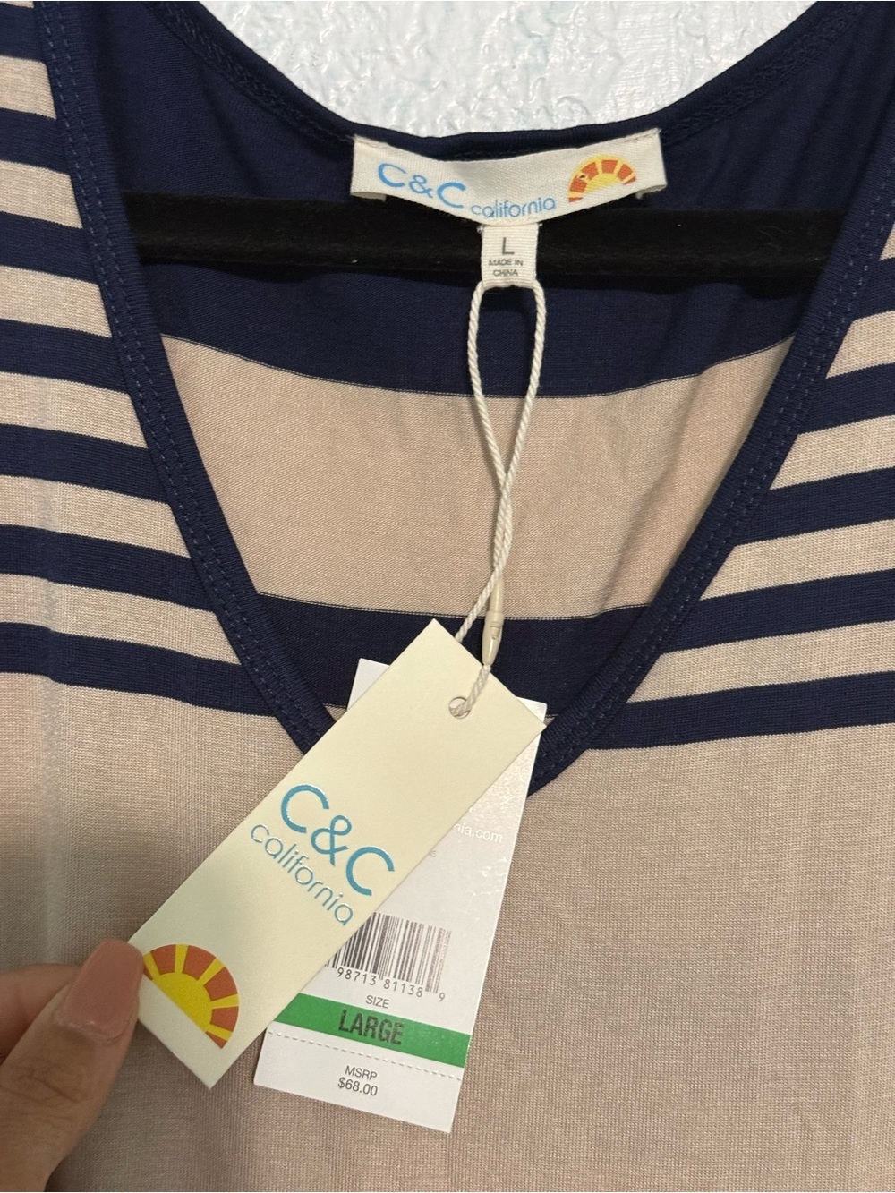 C&C California Navy and Tan Striped V-Neck Romper with Drawstring - Picture 4 of 5